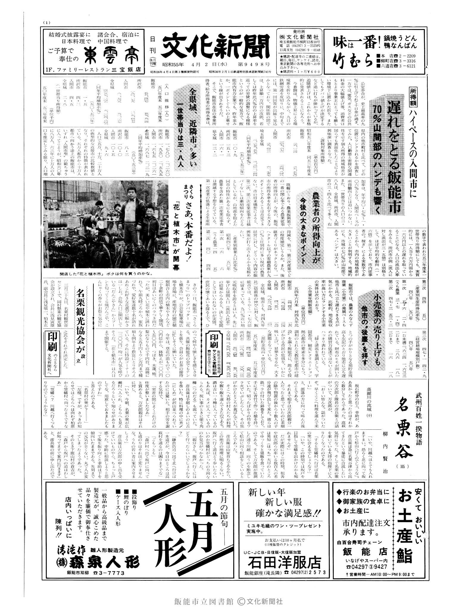 昭和55年4月2日1面 (第9498号) 