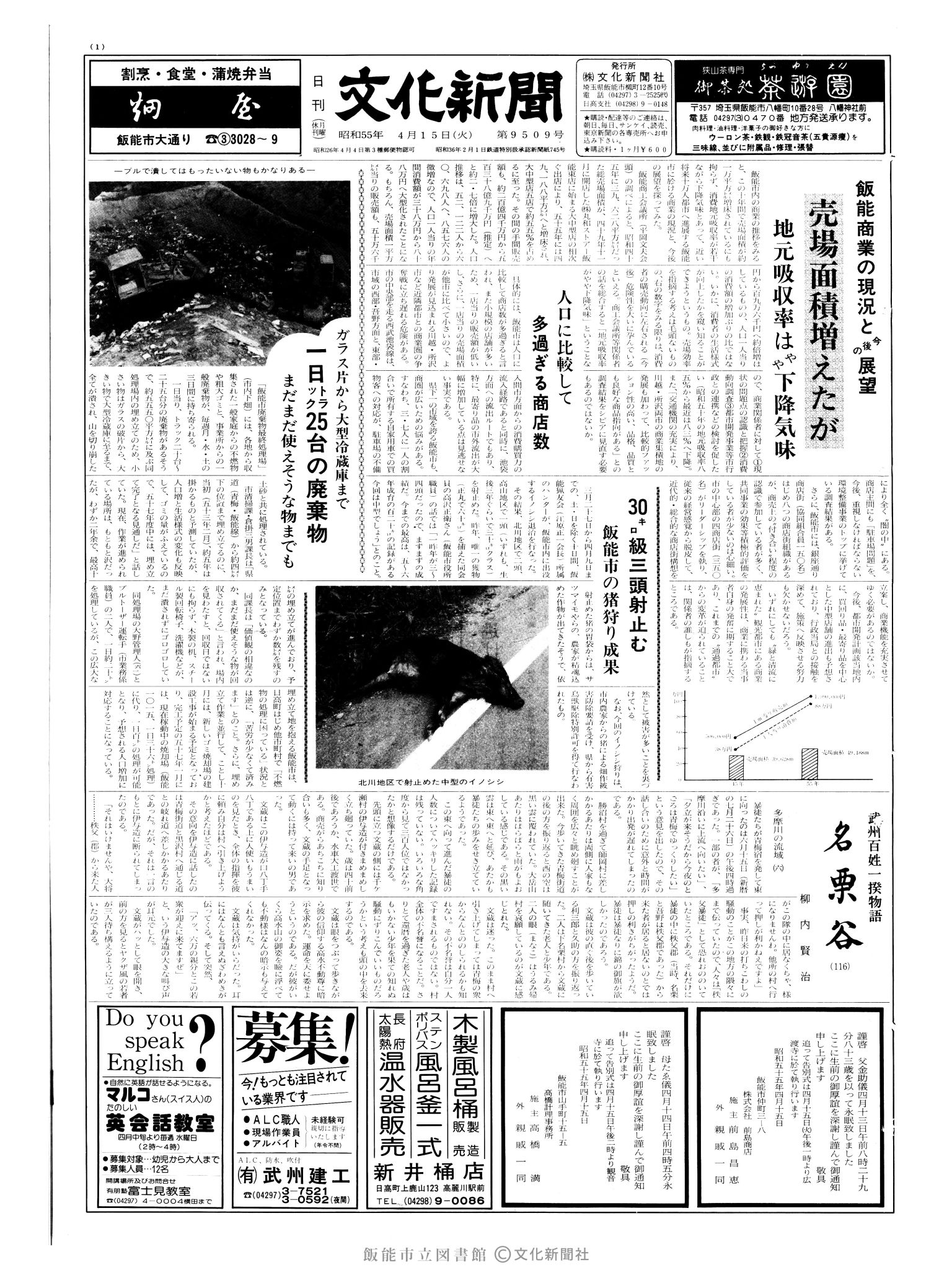 昭和55年4月15日1面 (第9509号) 