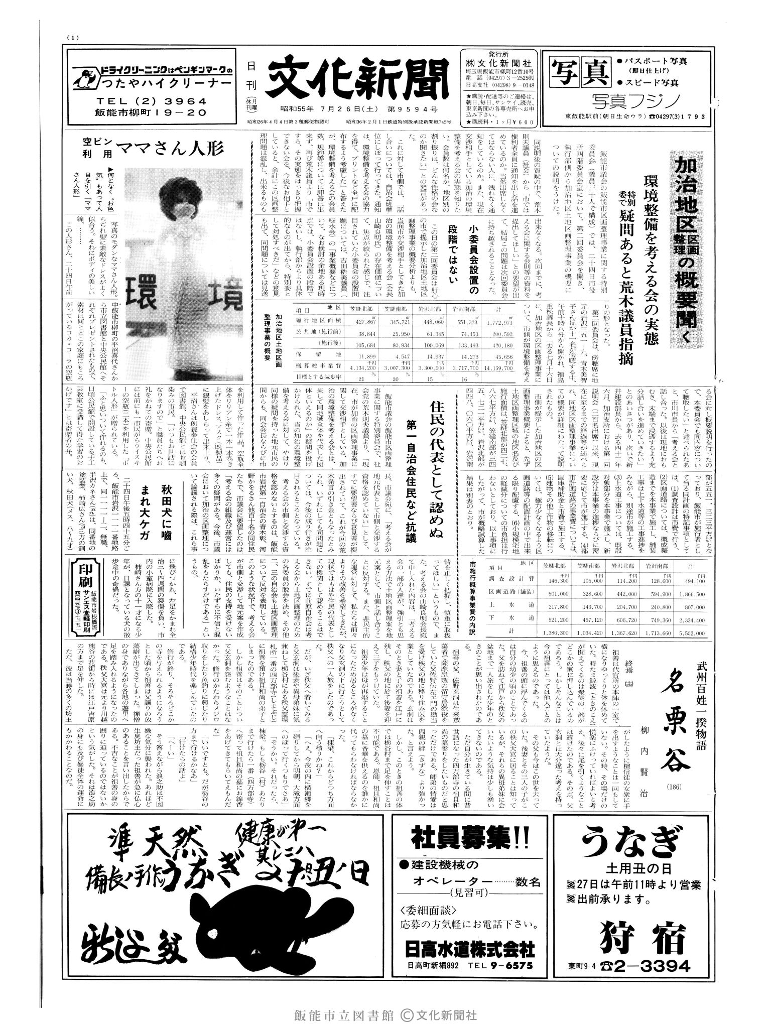 昭和55年7月26日1面 (第9594号) 