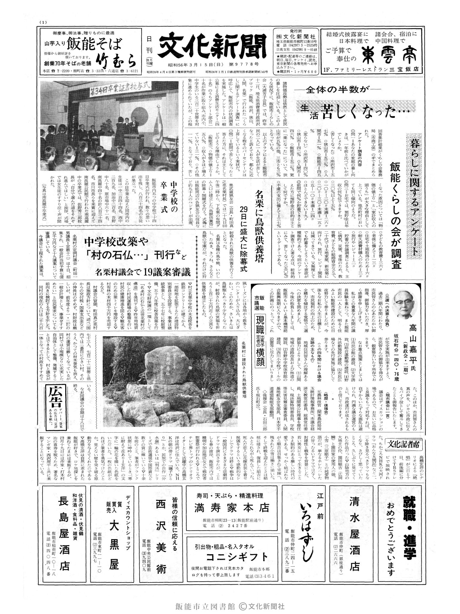 昭和56年3月15日1面 (第9778号) 