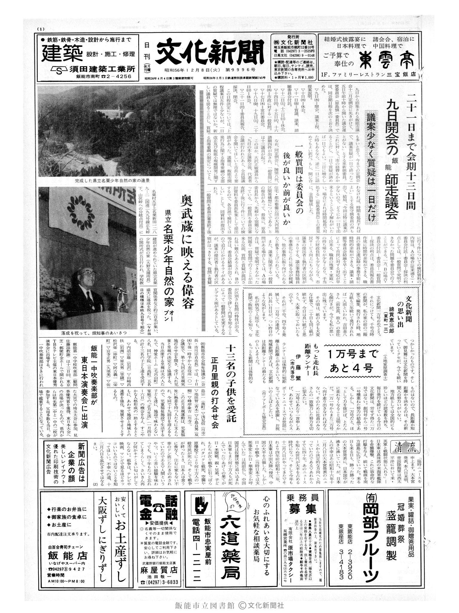 昭和56年12月8日1面 (第9996号) 