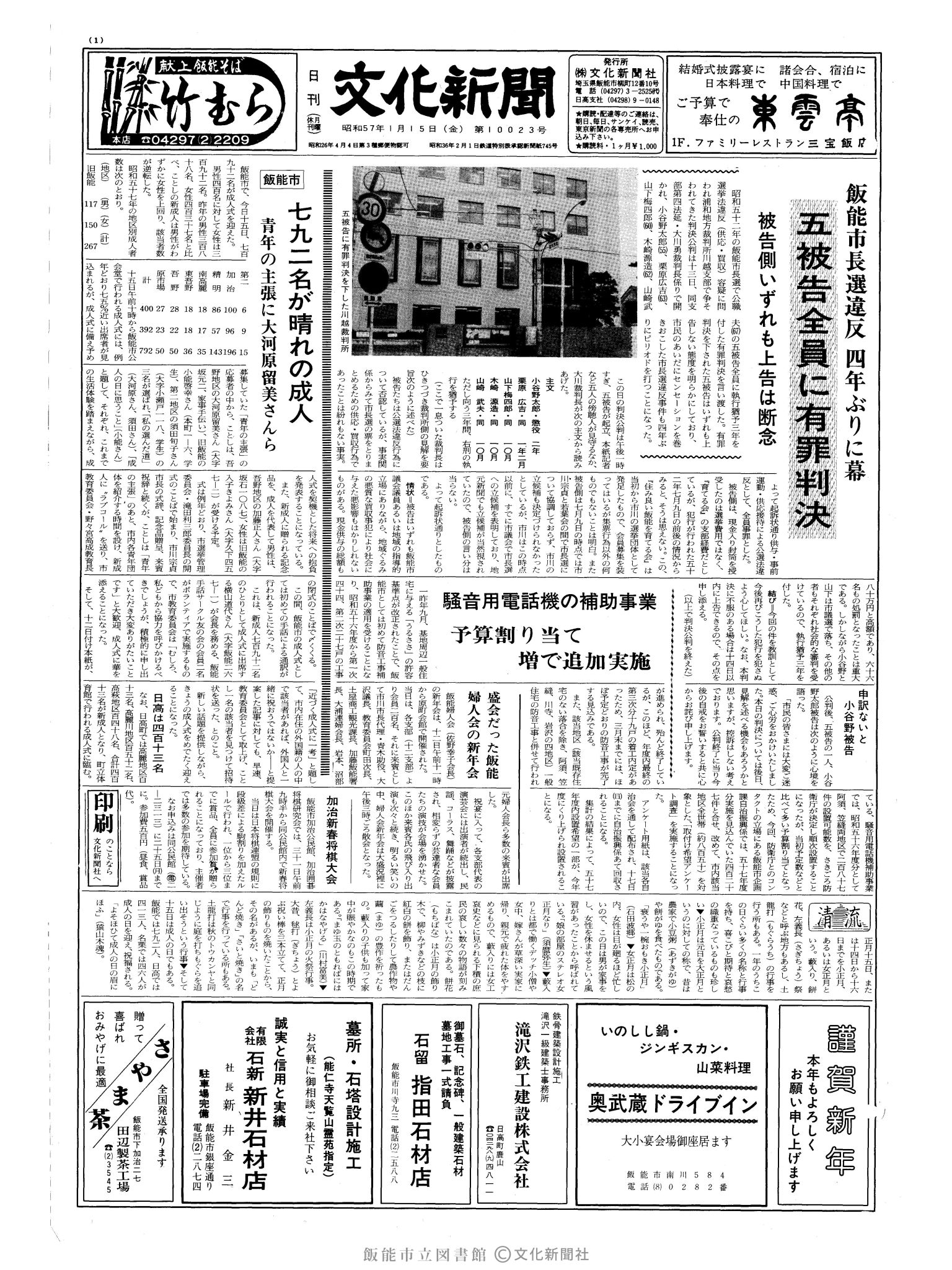 昭和57年1月15日1面 (第10023号) 