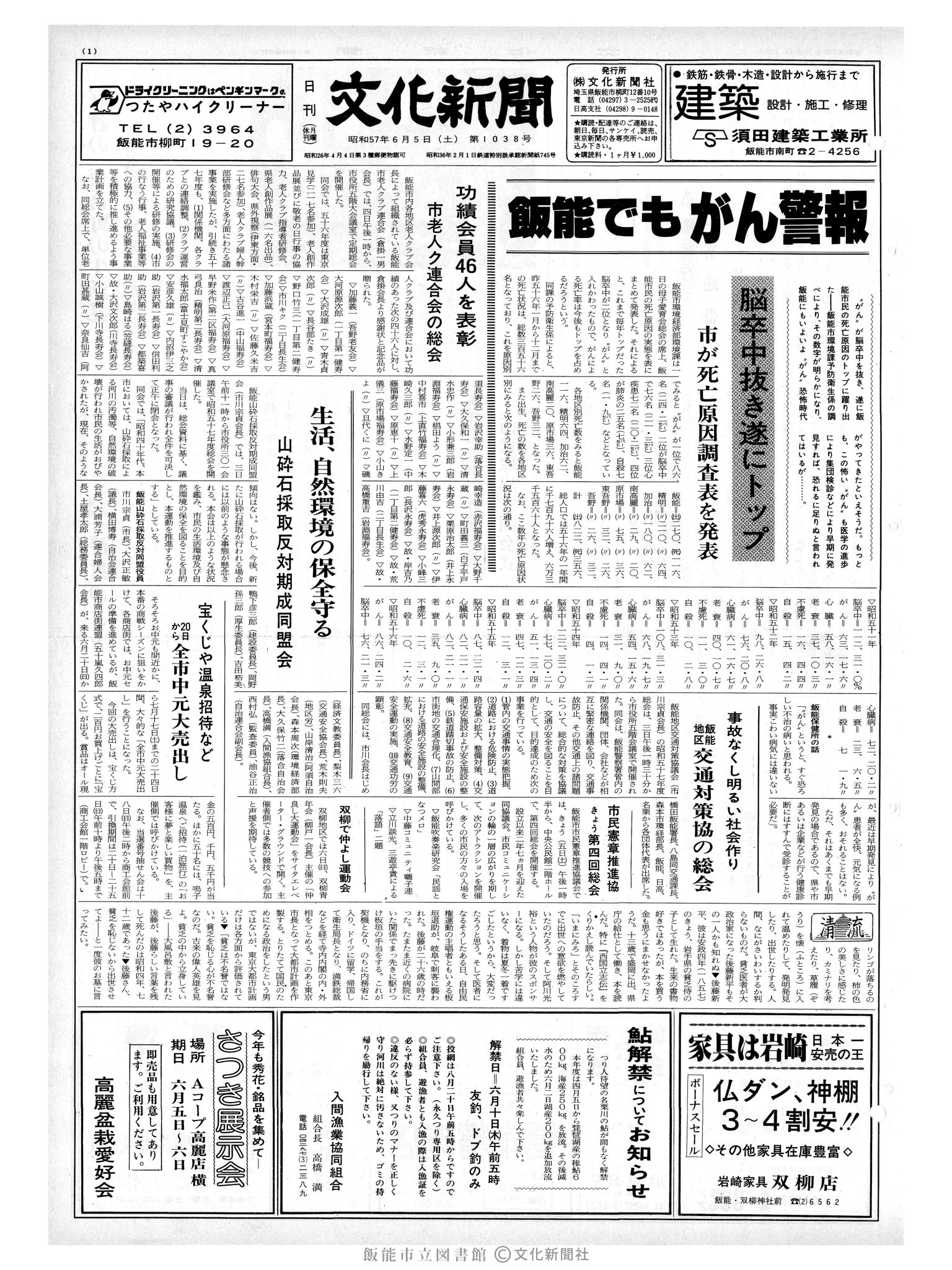 昭和57年6月5日1面 (第10138号) 号数誤植(1038→10138)