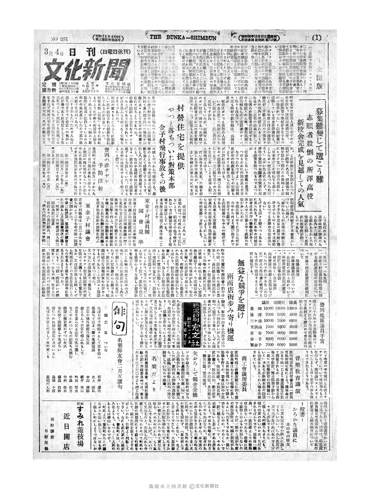 昭和27年3月4日1面 (第251号) 