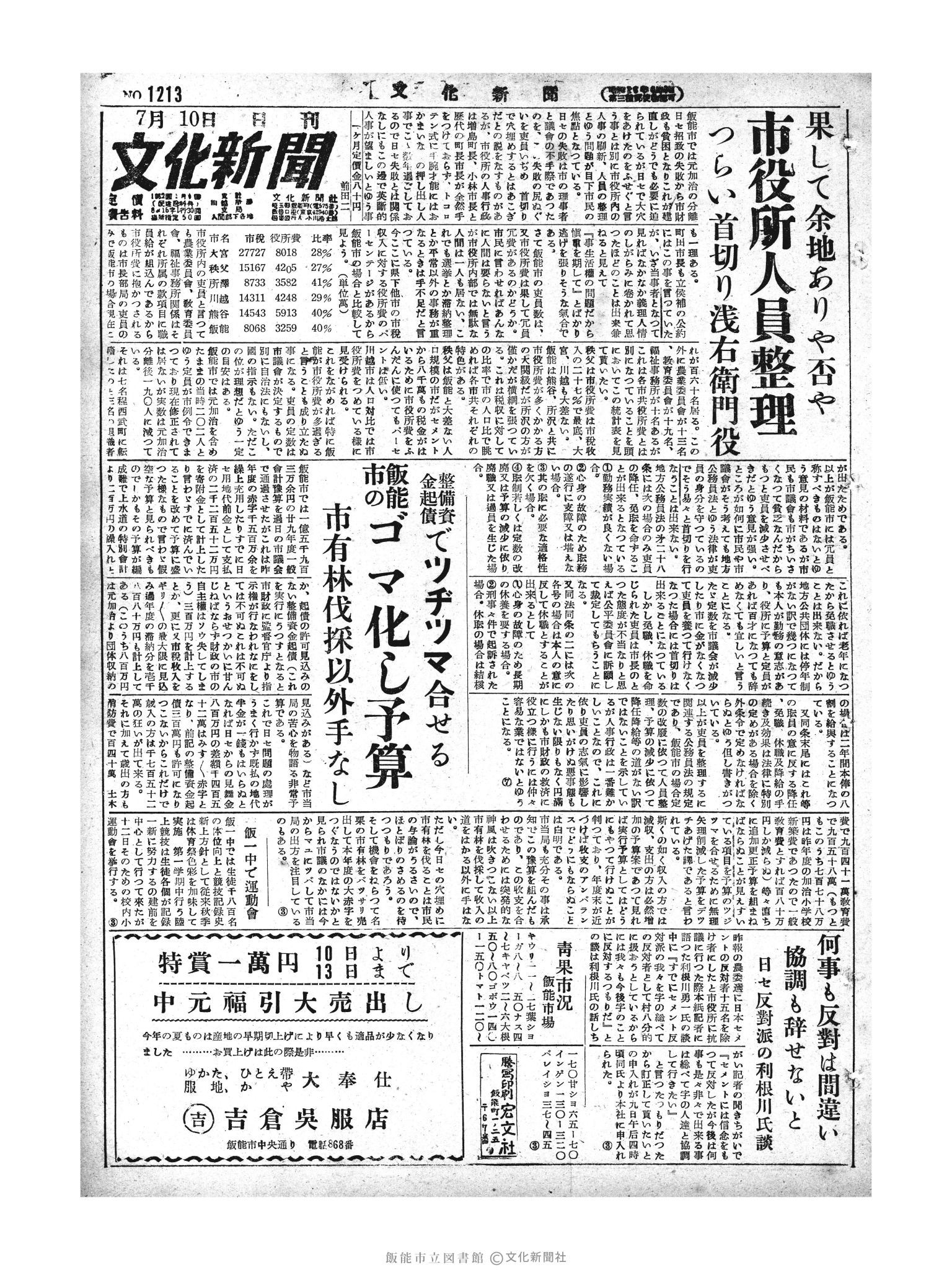 昭和29年7月10日1面 (第1213号) 