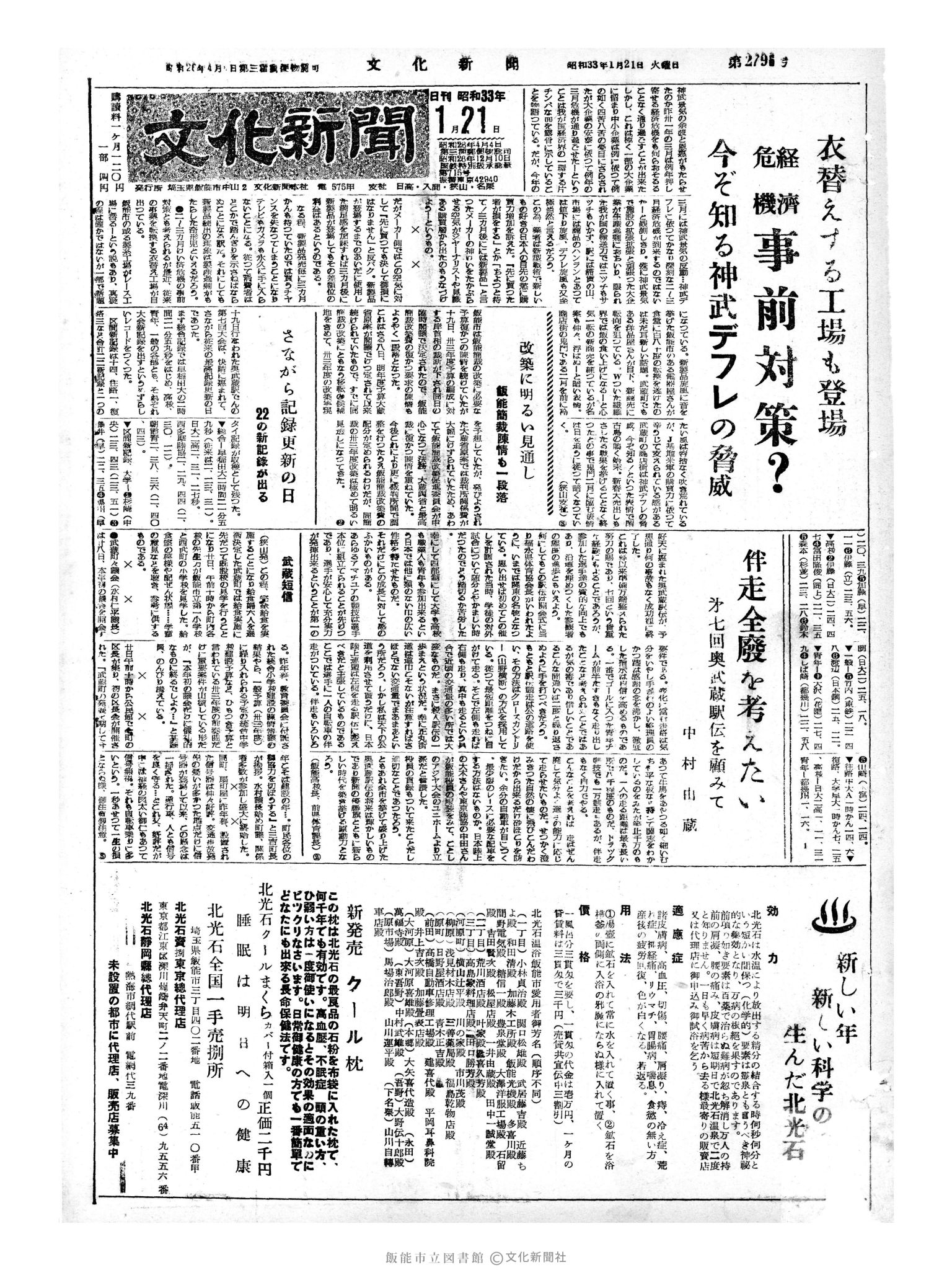 昭和33年1月21日1面 (第2796号) 