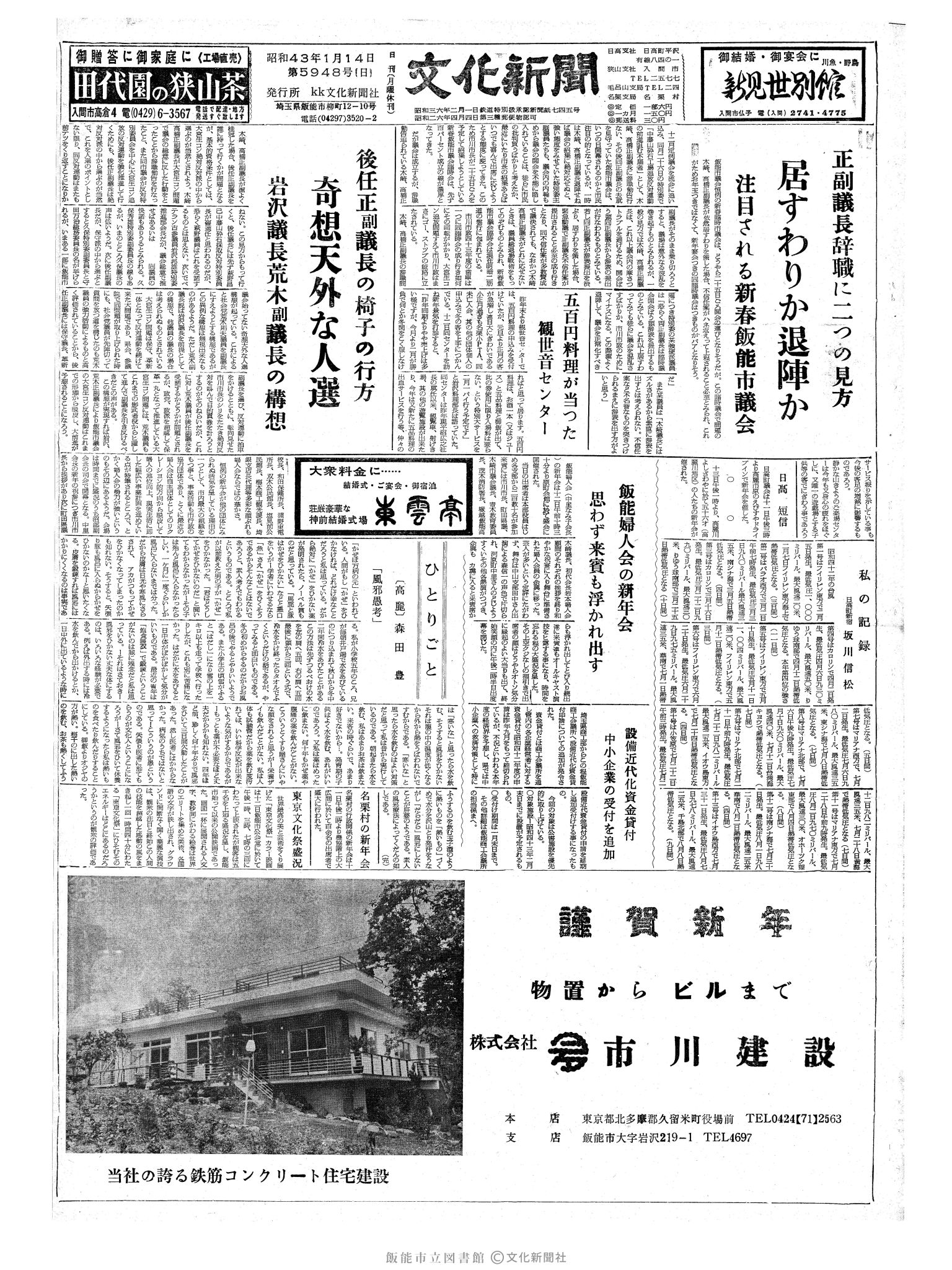 昭和43年1月14日1面 (第5948号) 