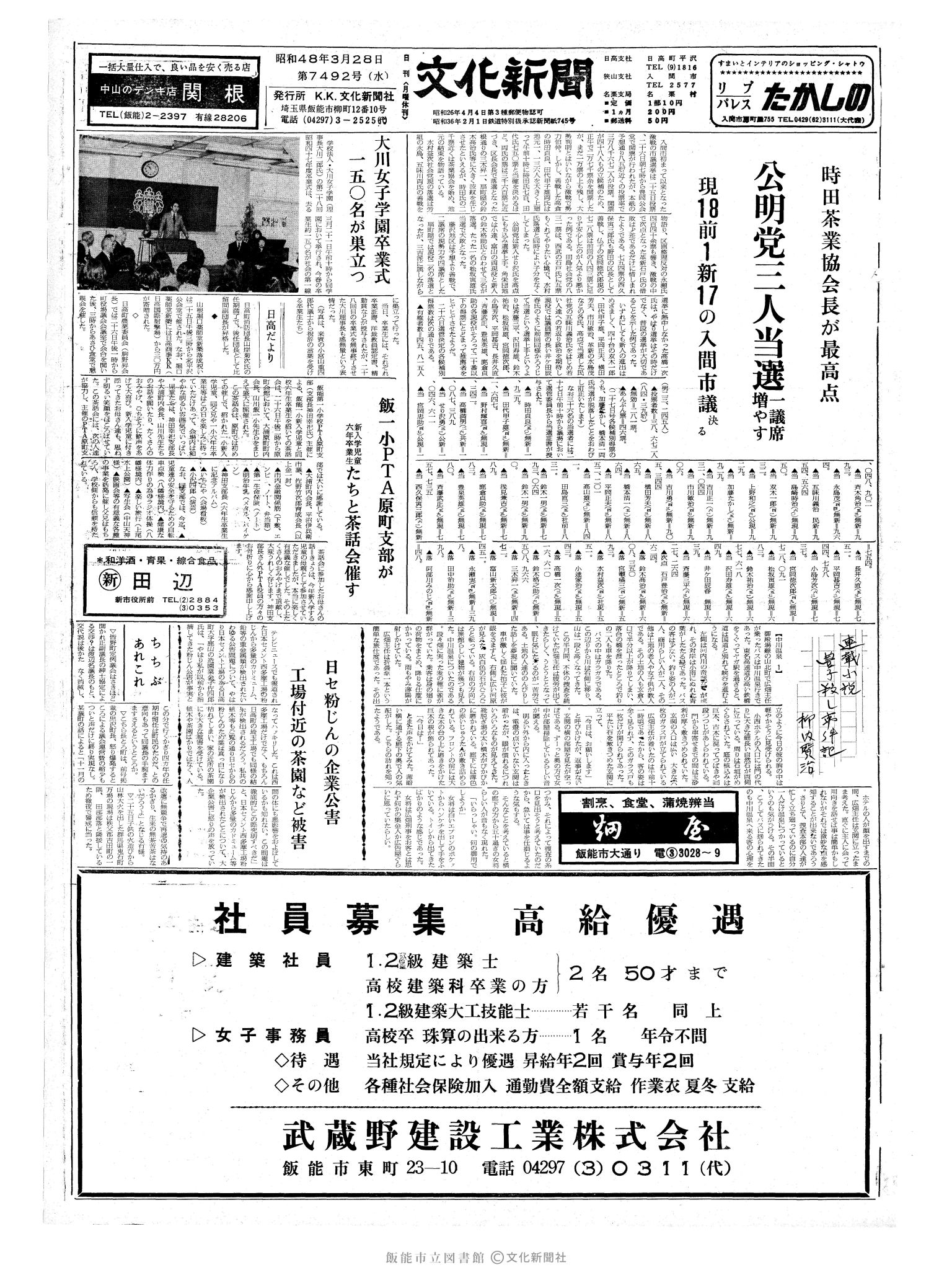 昭和48年3月28日1面 (第7492号) 