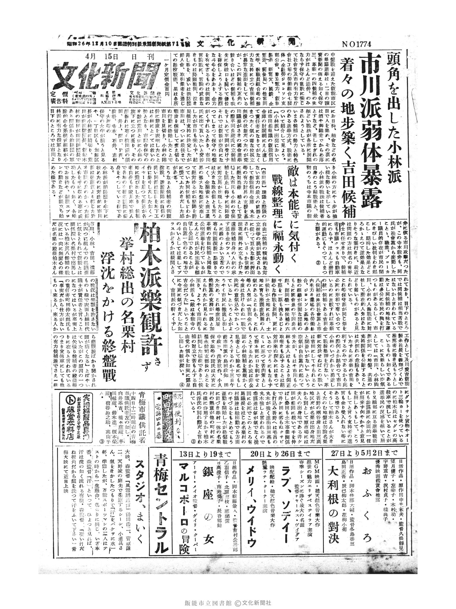 昭和30年4月15日1面 (第1774号) 