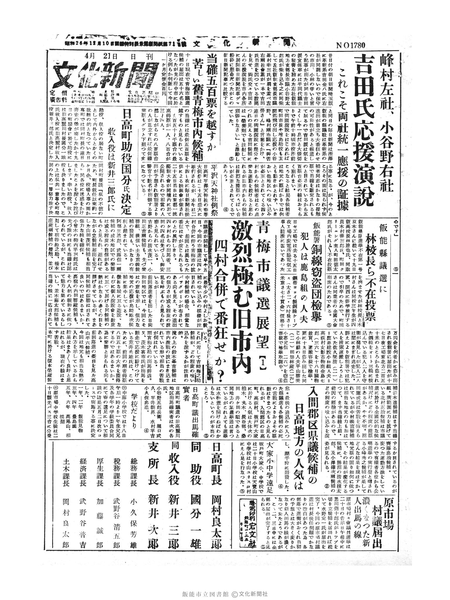 昭和30年4月21日1面 (第1780号) 