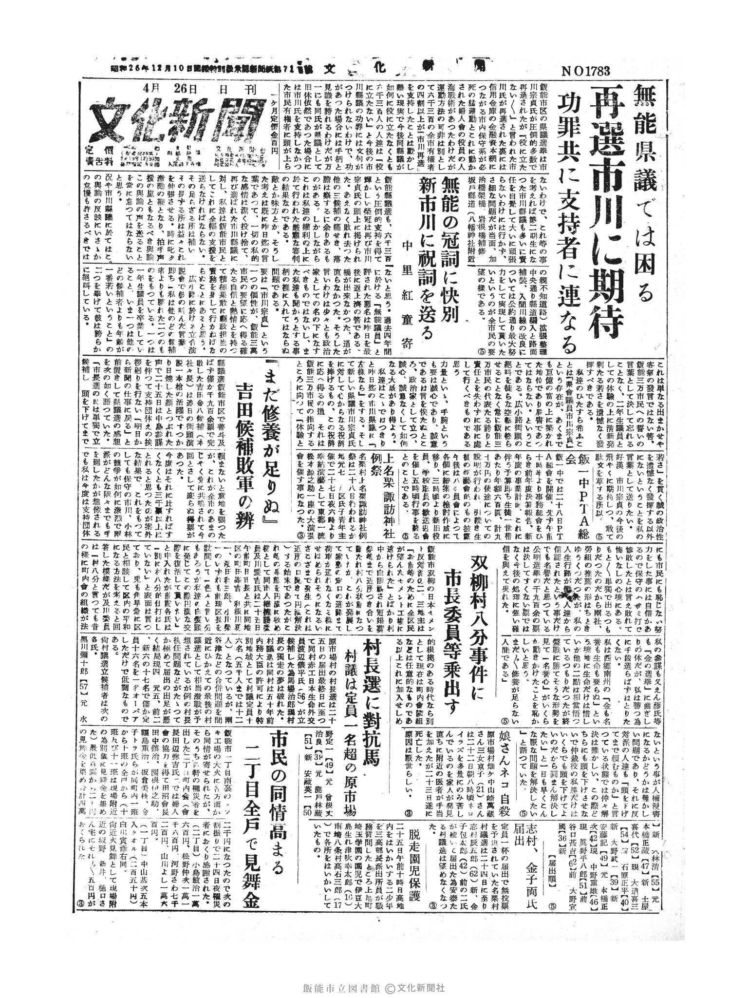 昭和30年4月26日1面 (第1783号) 