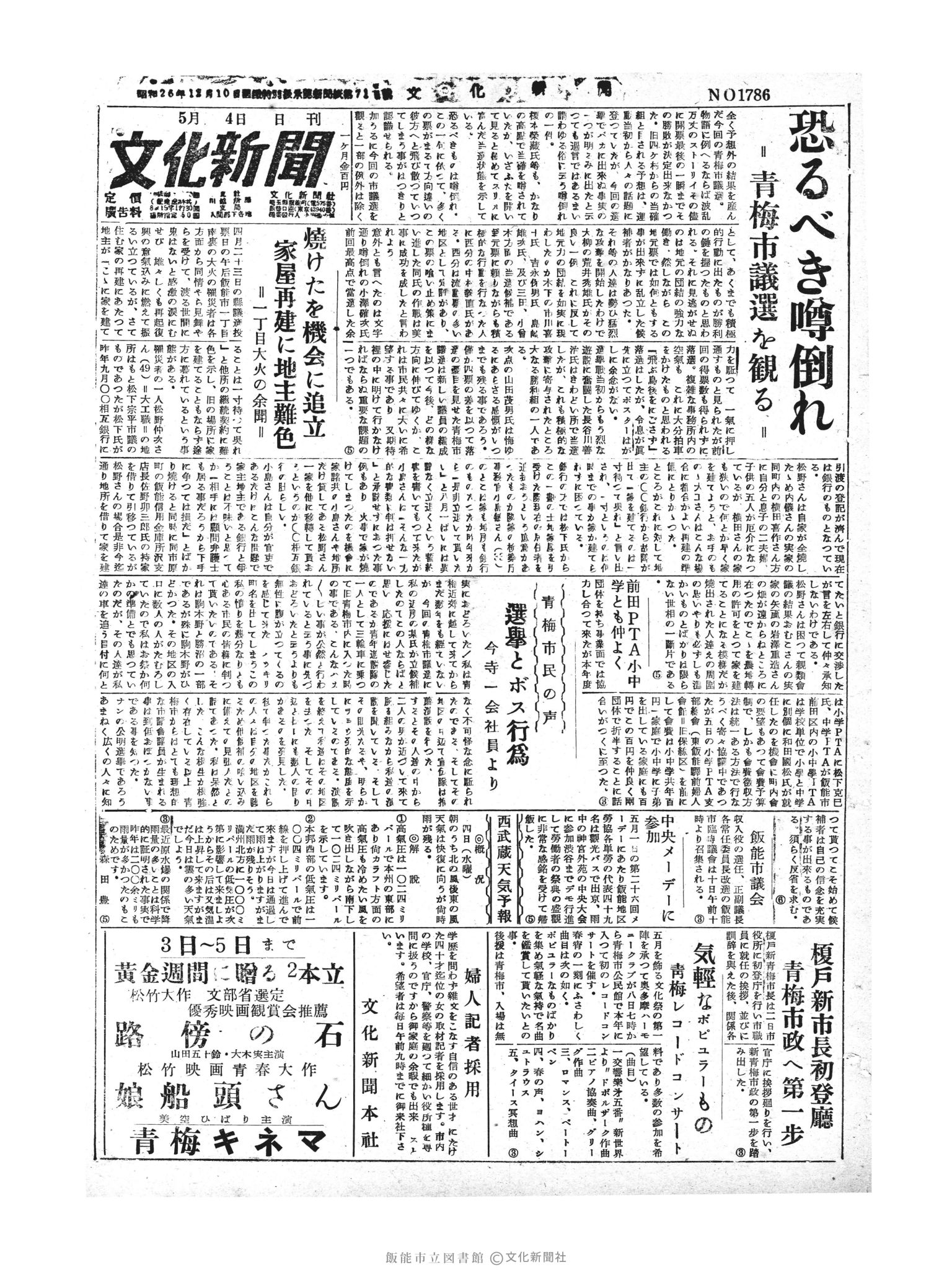 昭和30年5月4日1面 (第1786号) 