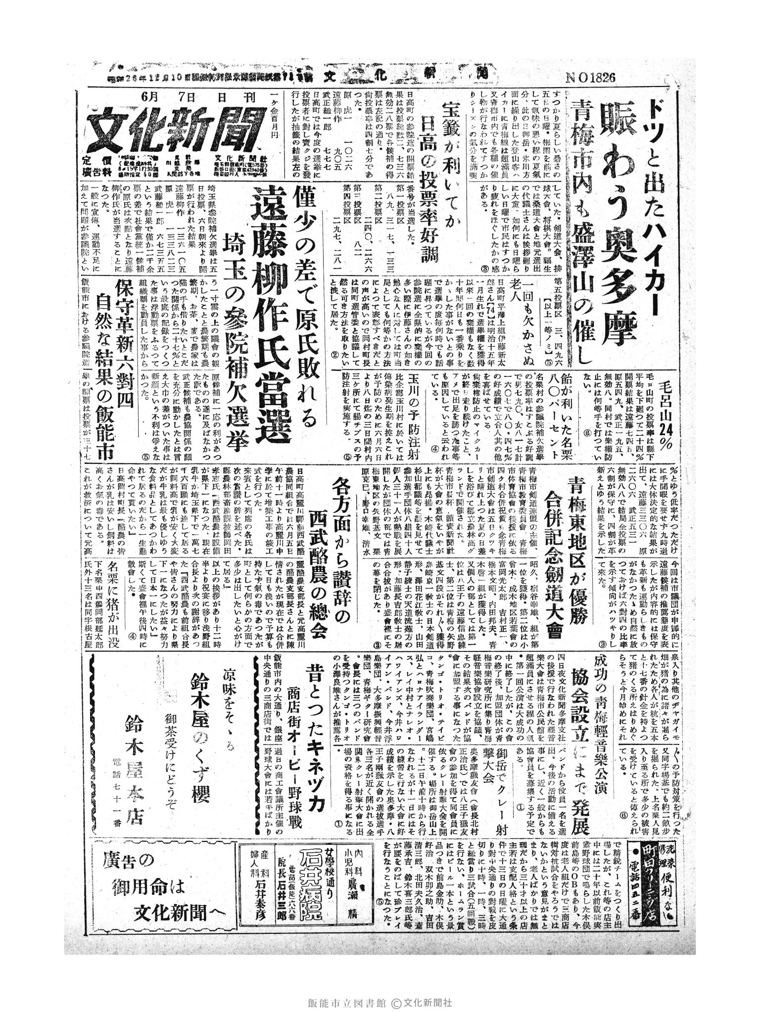 昭和30年6月7日1面 (第1826号) 