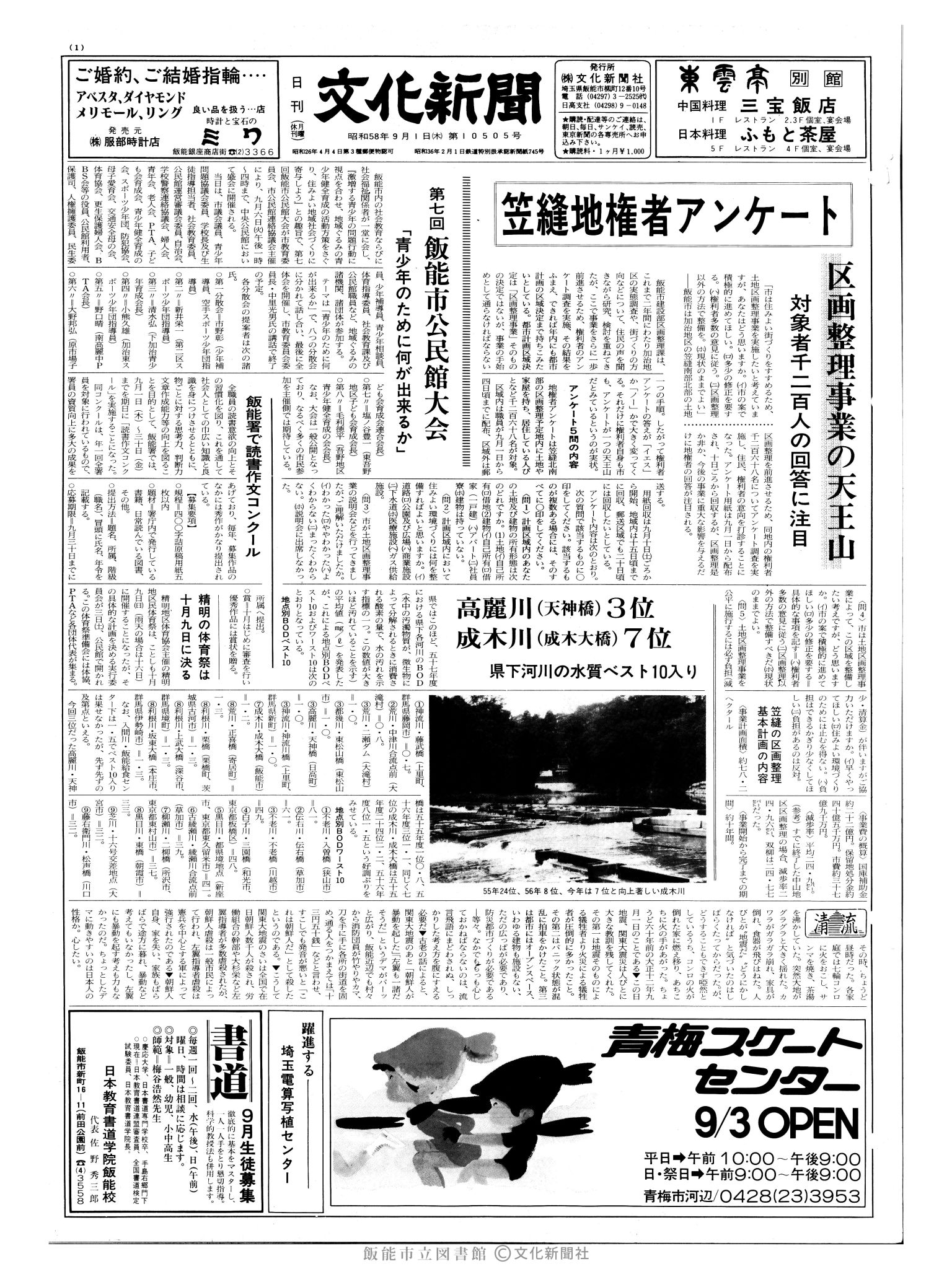 昭和58年9月1日1面 (第10505号) 