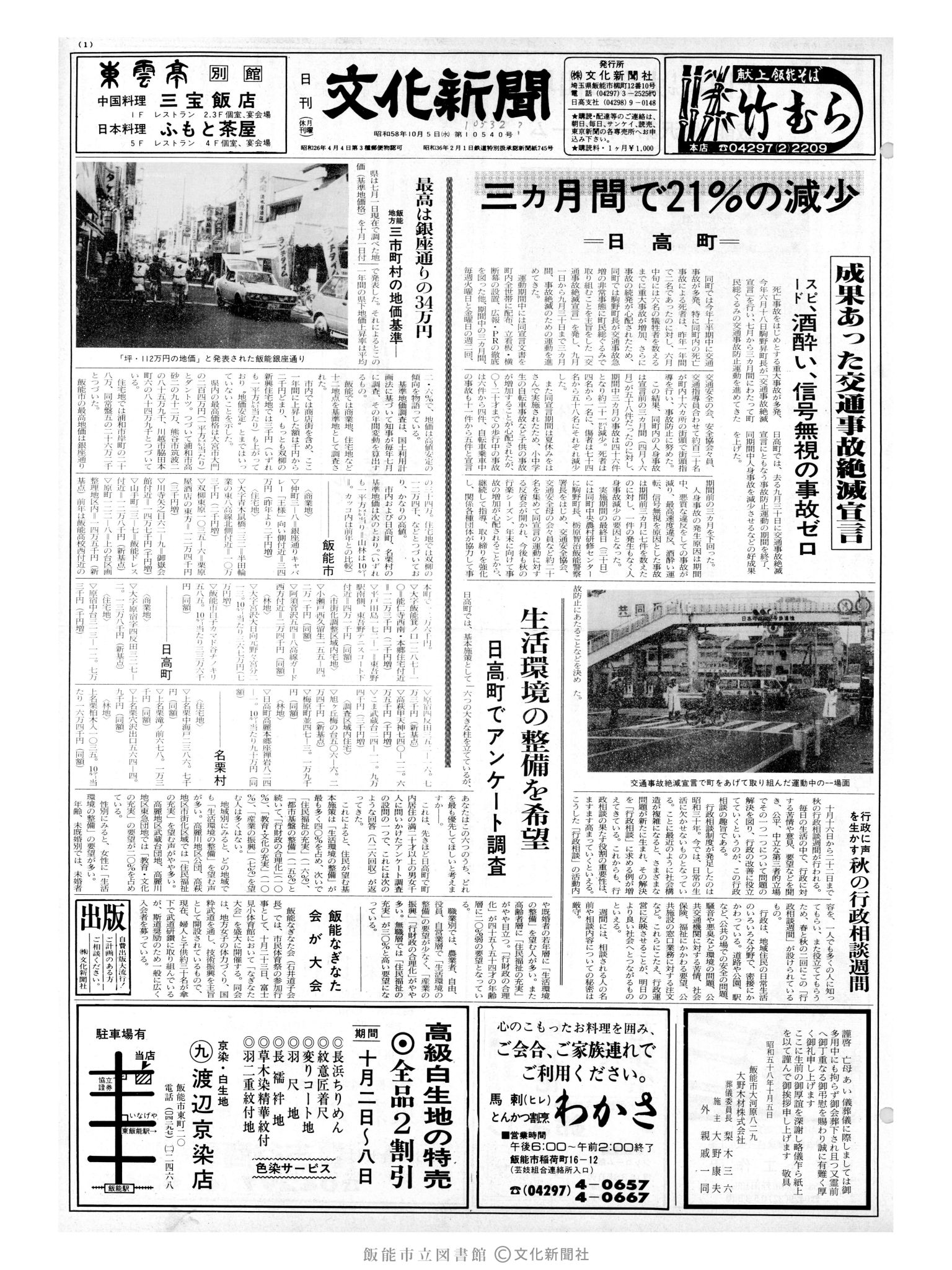 昭和58年10月5日1面 (第10531号) 号数誤植（10540→10531）