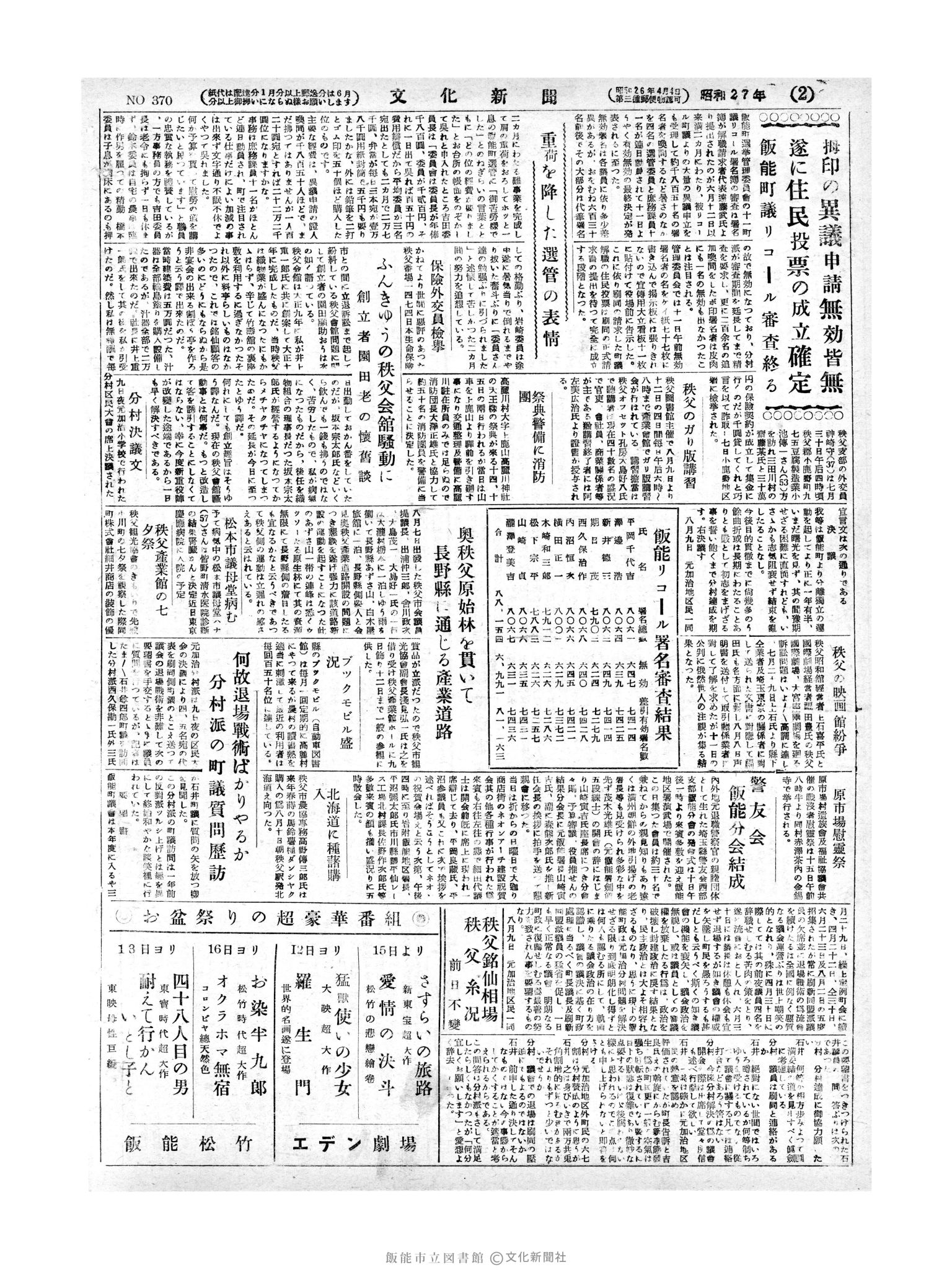 昭和27年8月12日2面 (第370号) 