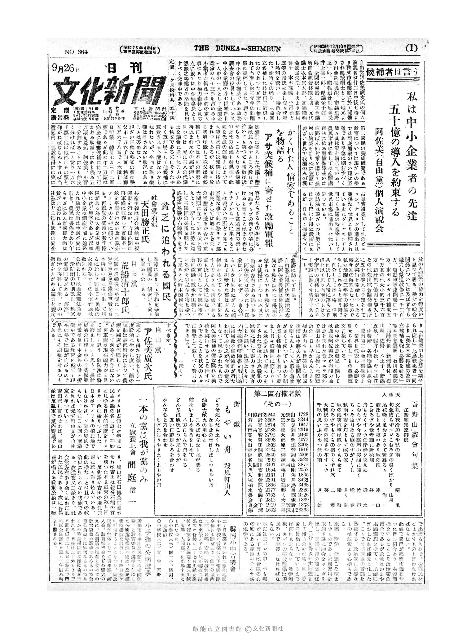 昭和27年9月26日1面 (第364号) 