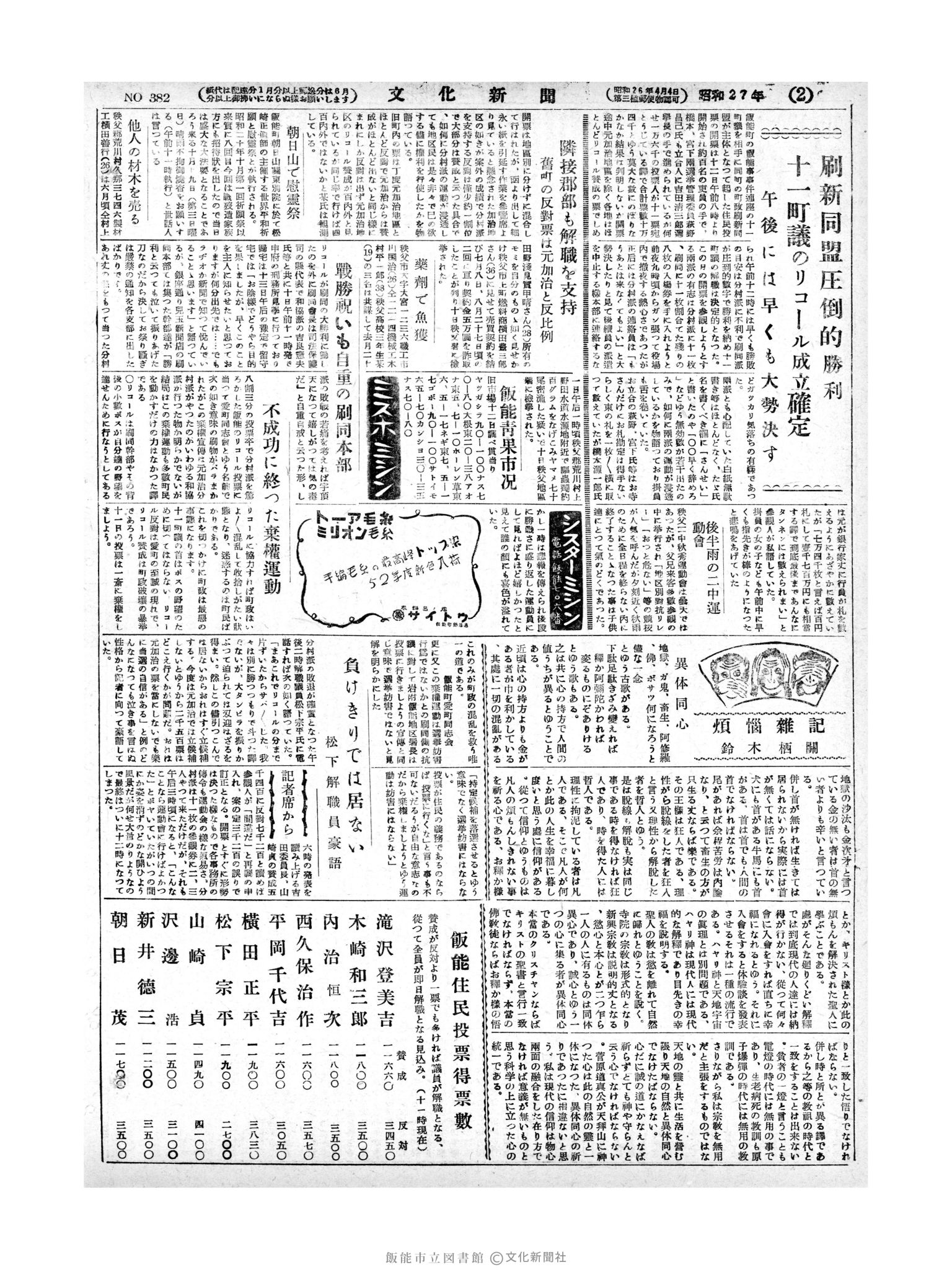 昭和27年10月13日2面 (第382号) 