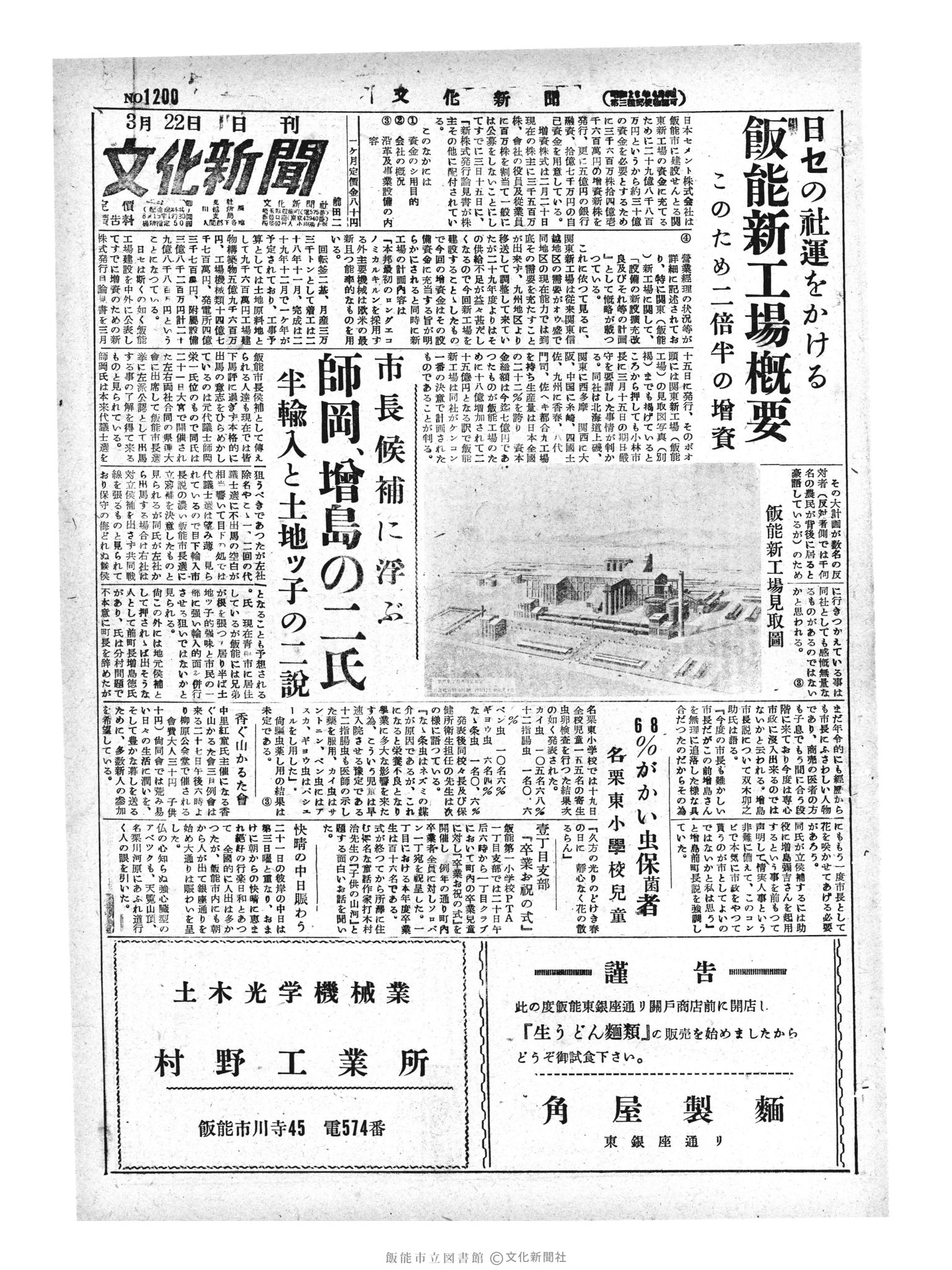 昭和29年3月22日1面 (第1200号) 