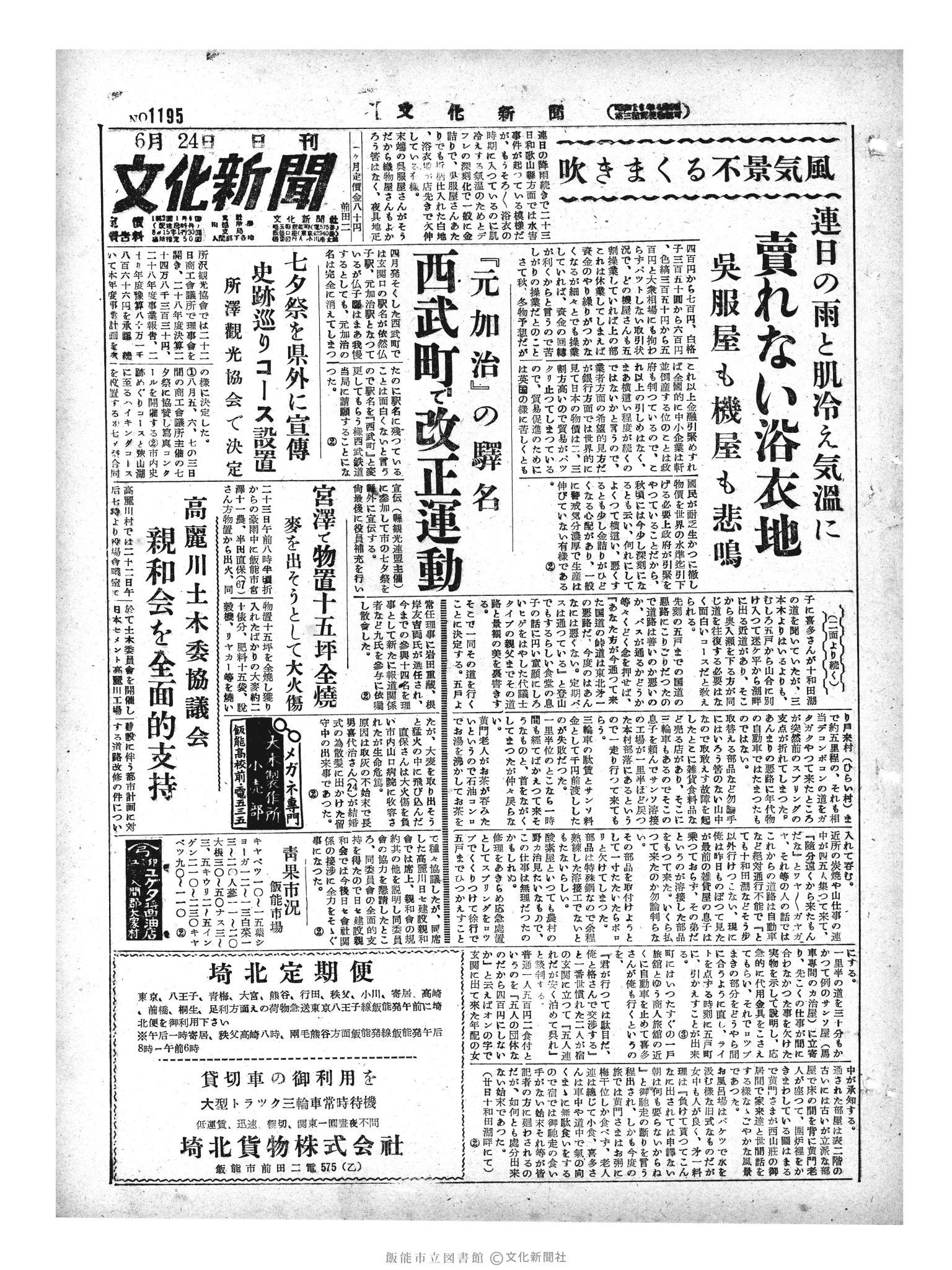 昭和29年6月24日1面 (第1195号) 